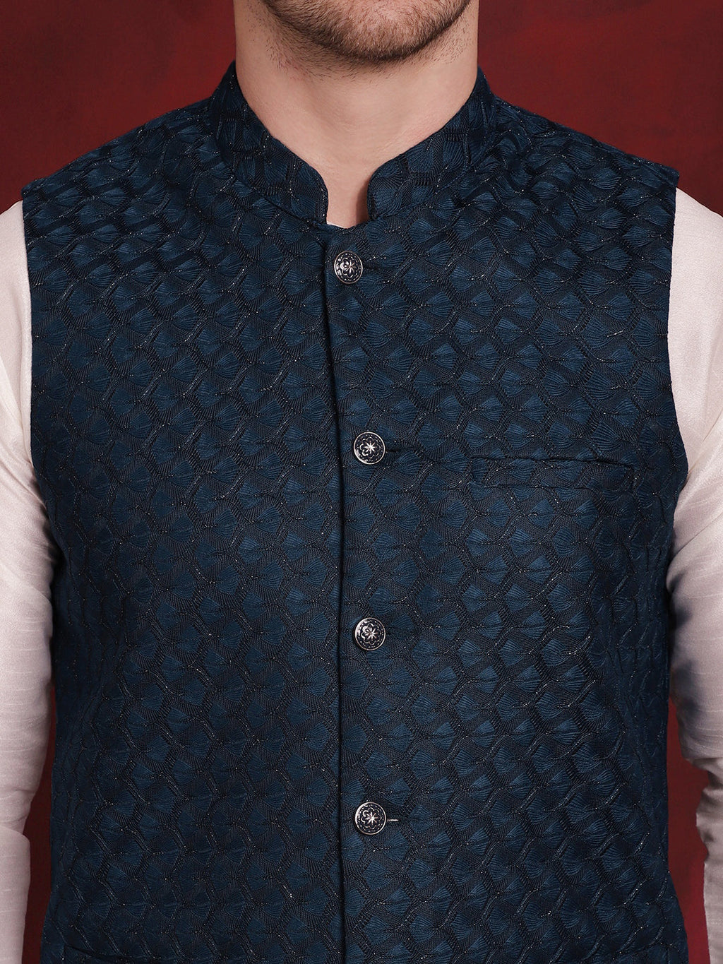 Jompers Men's Blue Woven Design Nehru Jacket