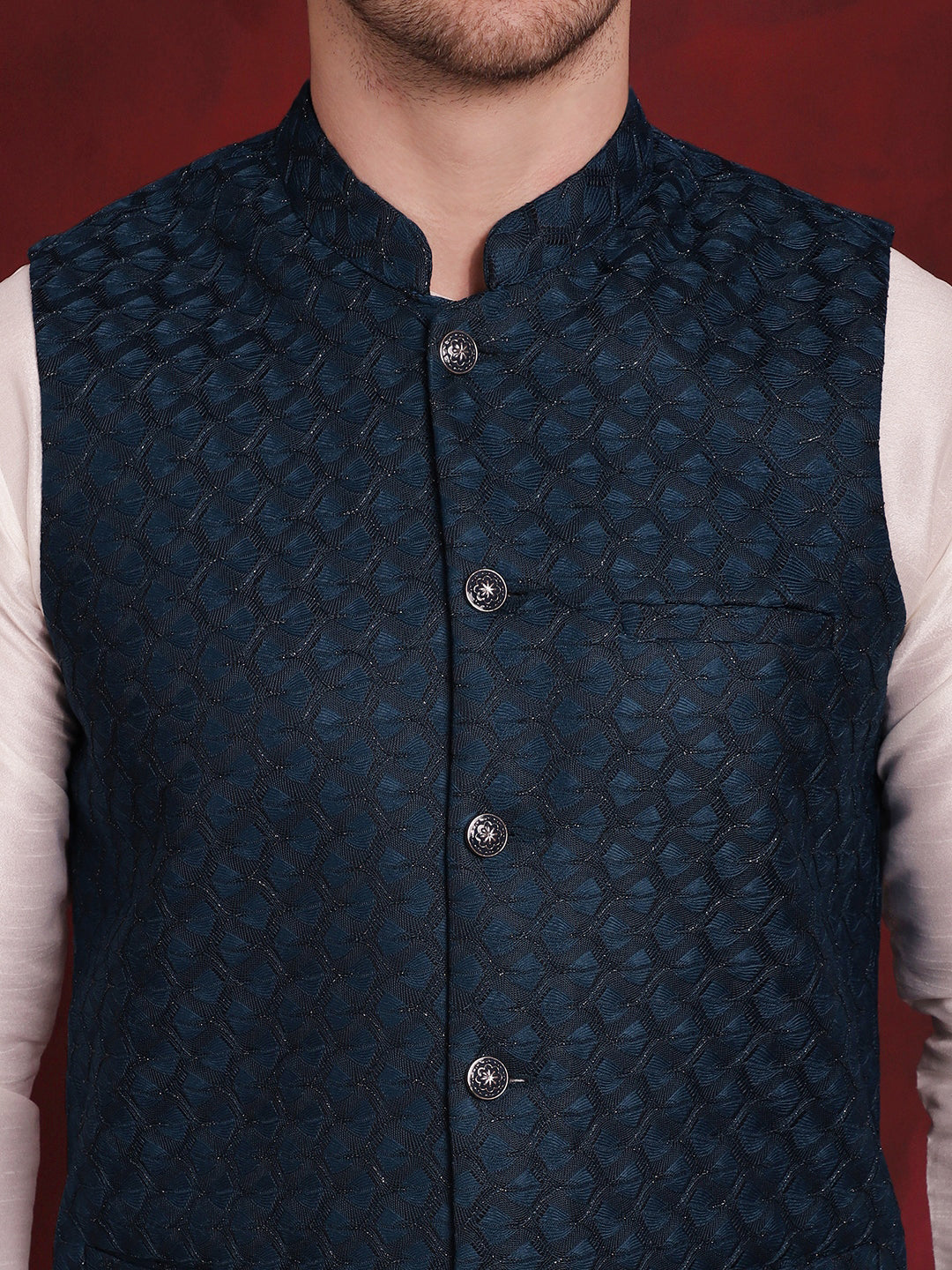 Jompers Men's Blue Woven Design Nehru Jacket