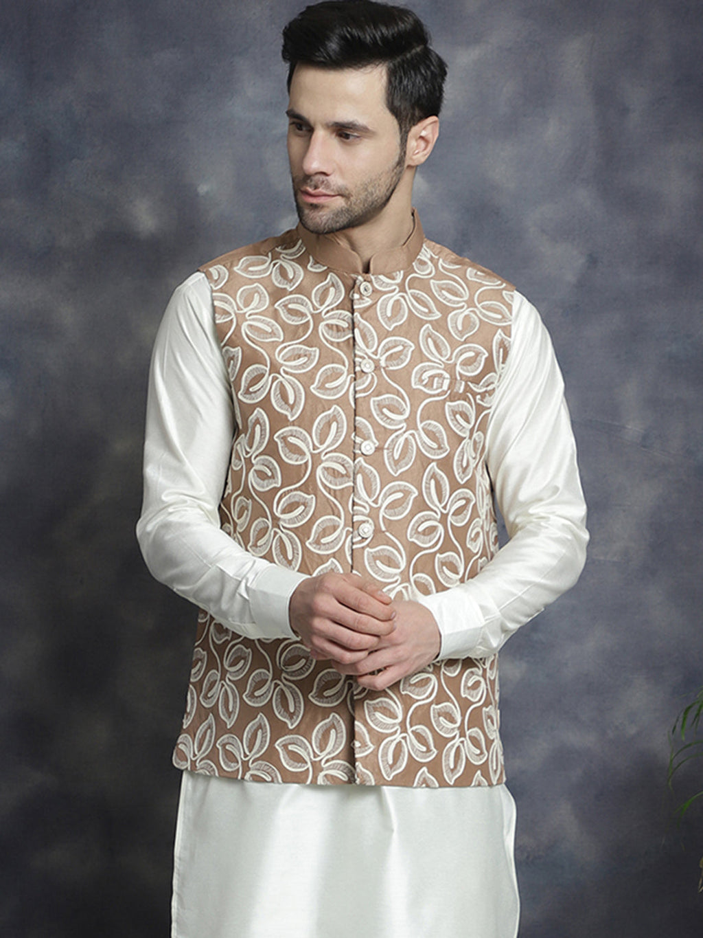 Jompers Men's embroidered Nehru Jacket - Brown