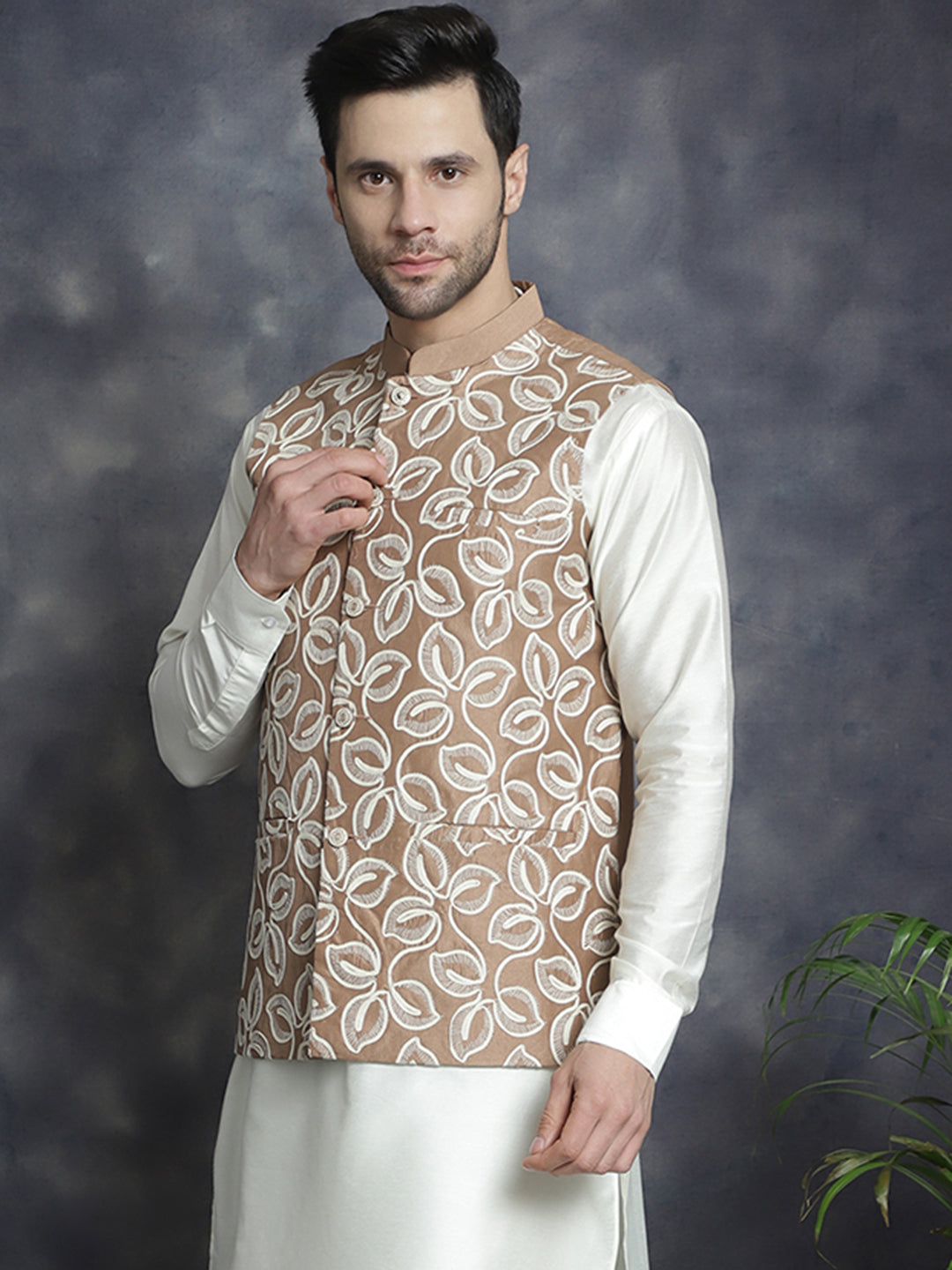 Jompers Men's embroidered Nehru Jacket - Brown