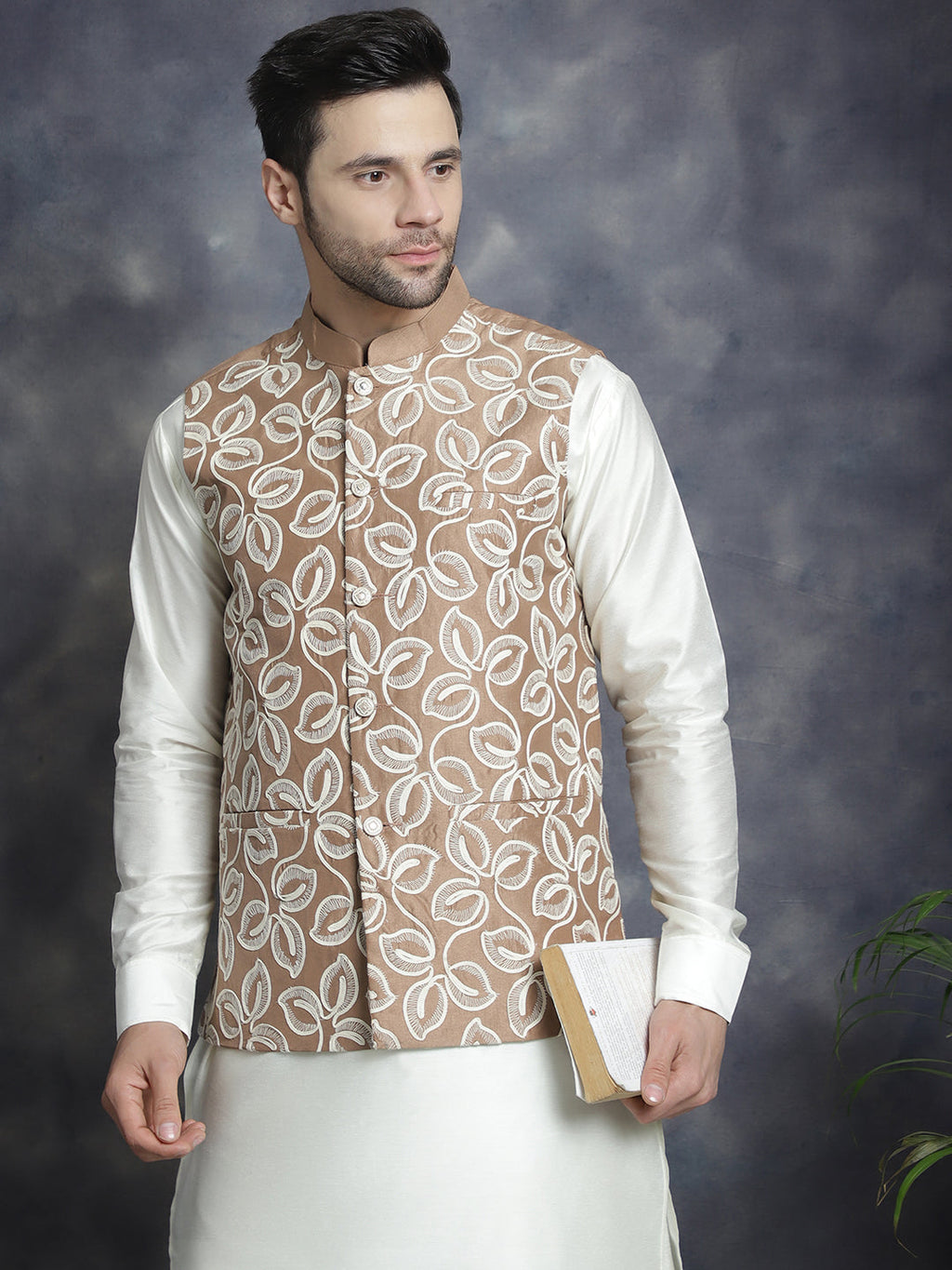 Jompers Men's embroidered Nehru Jacket - Brown