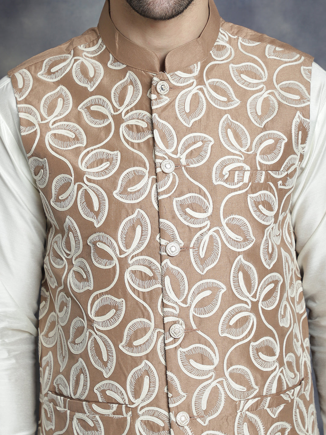Jompers Men's embroidered Nehru Jacket - Brown