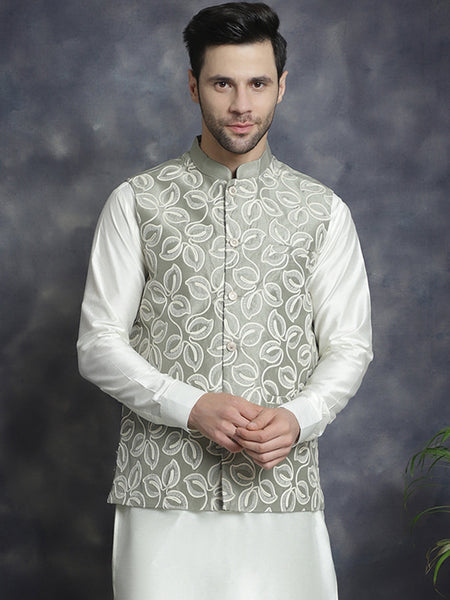 Jompers Men's embroidered Nehru Jacket - Pista