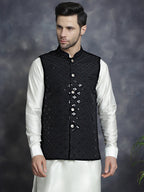 Jompers Men's embroidered and sequins Nehru Jacket - Black
