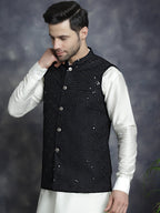 Jompers Men's embroidered and sequins Nehru Jacket - Black