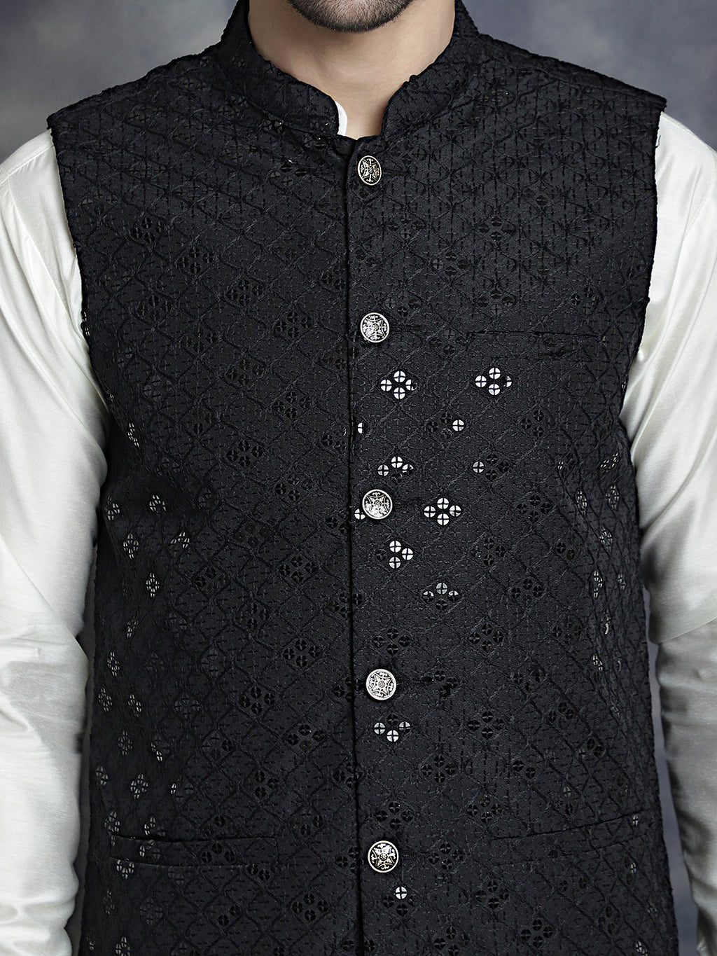 Jompers Men's embroidered and sequins Nehru Jacket - Black