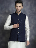 Jompers Men's embroidered and sequins Nehru Jacket - Navy Blue