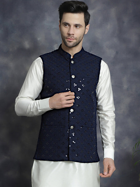 Jompers Men's embroidered and sequins Nehru Jacket - Navy Blue