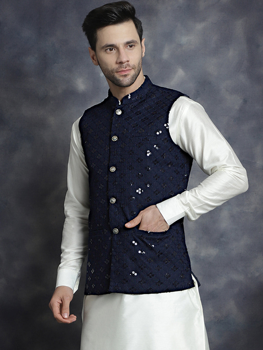 Jompers Men's embroidered and sequins Nehru Jacket - Navy Blue