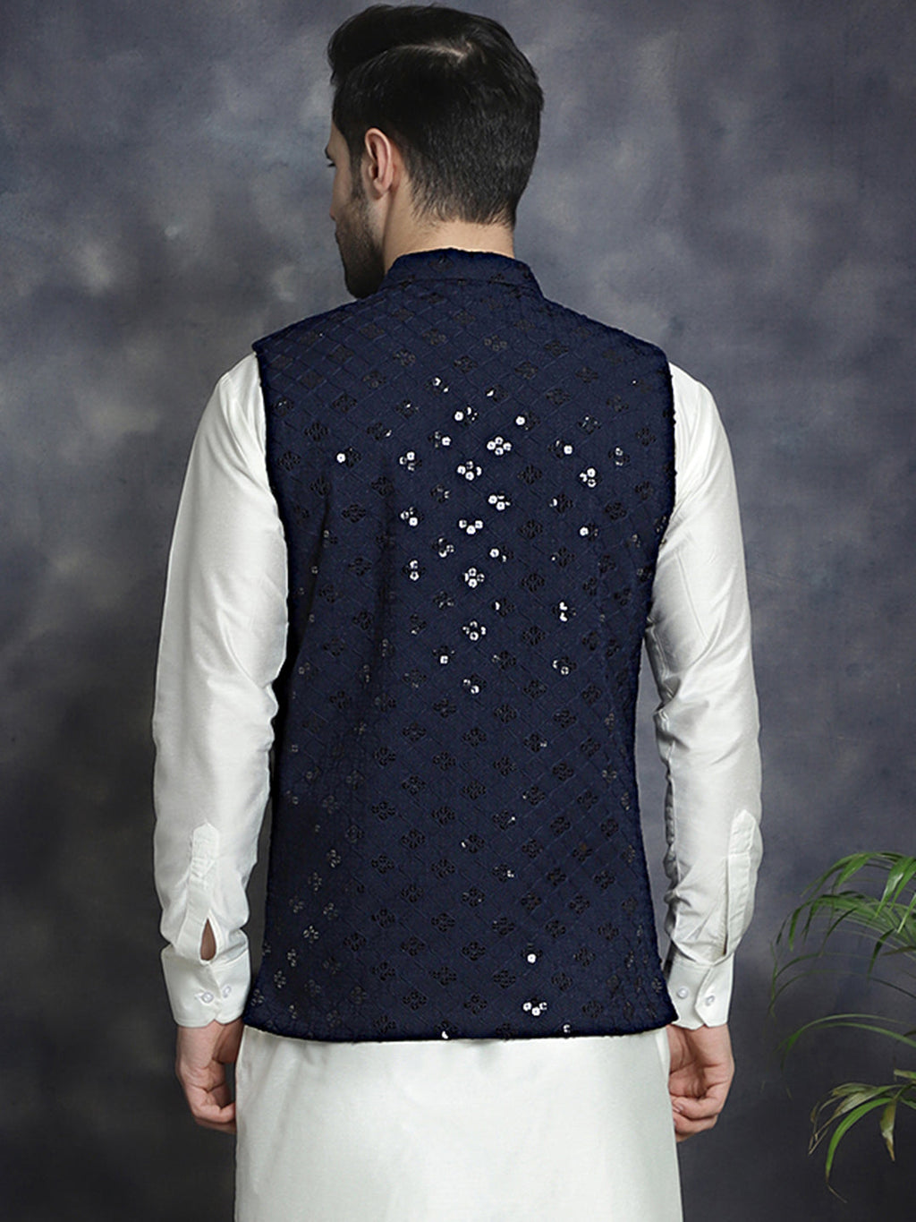 Jompers Men's embroidered and sequins Nehru Jacket - Navy Blue