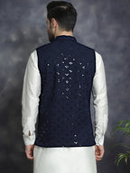 Jompers Men's embroidered and sequins Nehru Jacket - Navy Blue