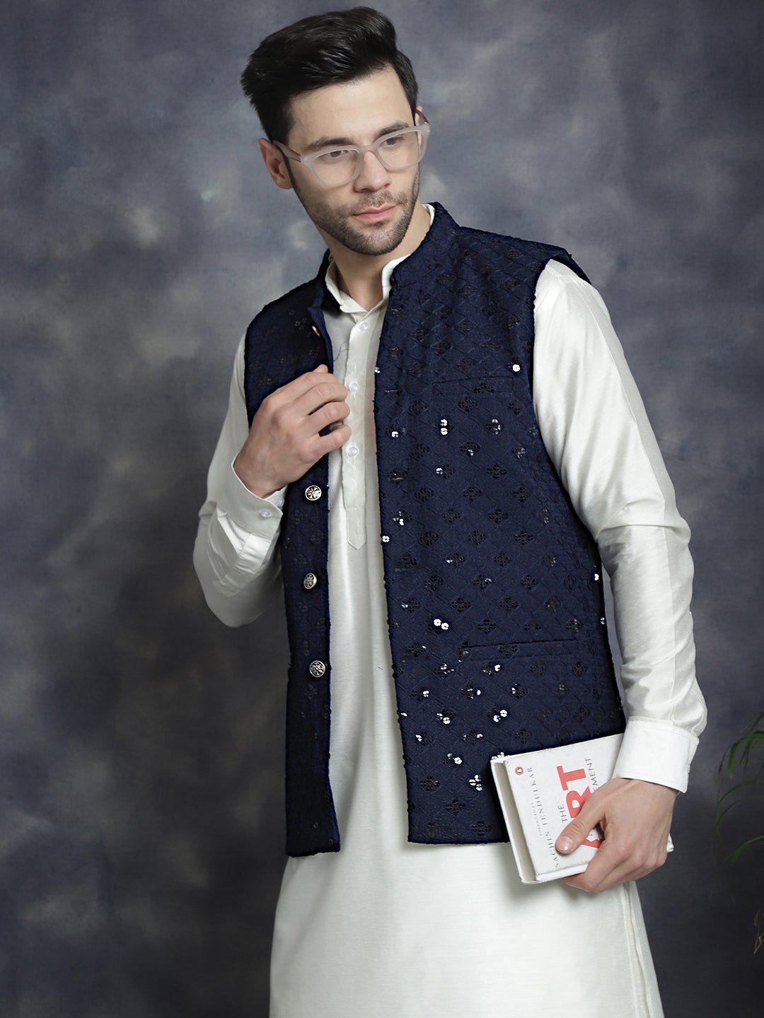 Jompers Men's embroidered and sequins Nehru Jacket - Navy Blue