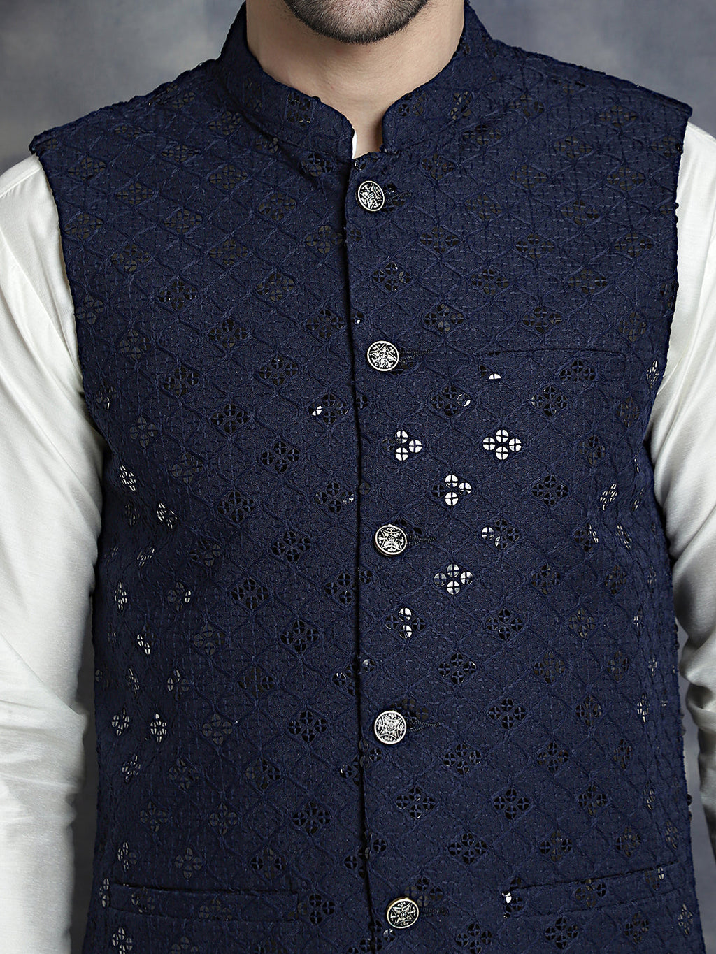 Jompers Men's embroidered and sequins Nehru Jacket - Navy Blue