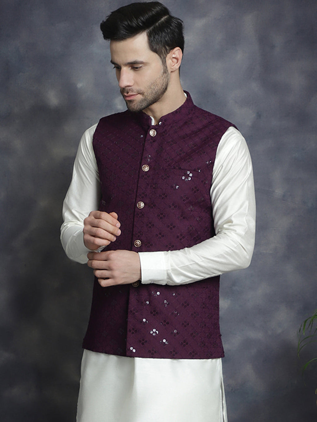 Jompers Men's embroidered and sequins Nehru Jacket - Purple