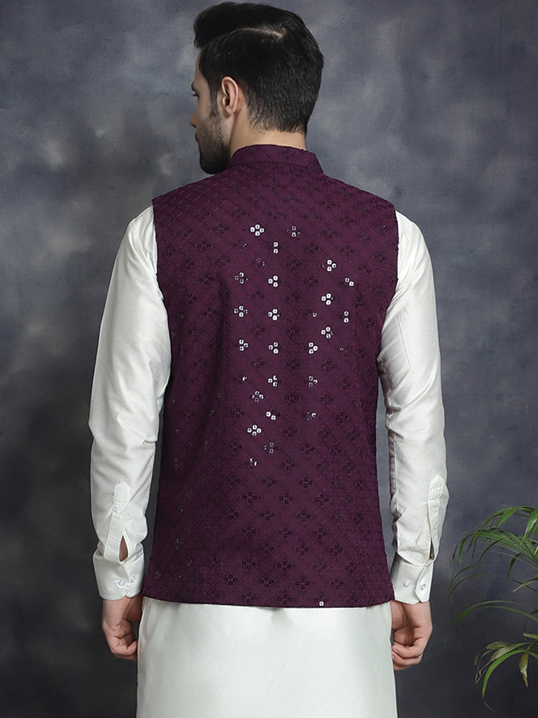 Jompers Men's embroidered and sequins Nehru Jacket - Purple