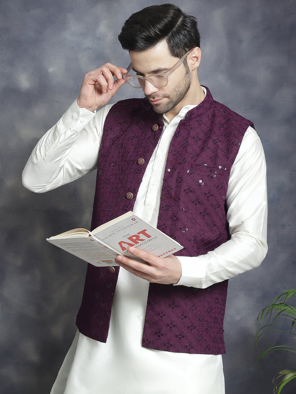 Jompers Men's embroidered and sequins Nehru Jacket - Purple