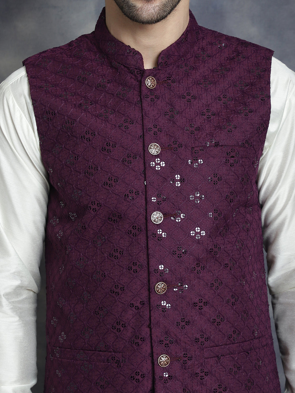 Jompers Men's embroidered and sequins Nehru Jacket - Purple