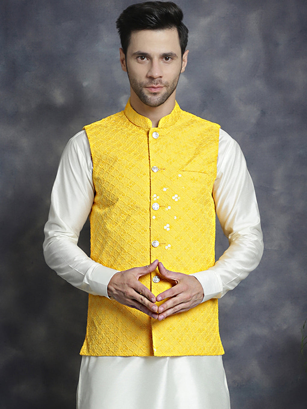 Jompers Men's embroidered and sequins Nehru Jacket - Yellow