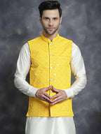 Jompers Men's embroidered and sequins Nehru Jacket - Yellow