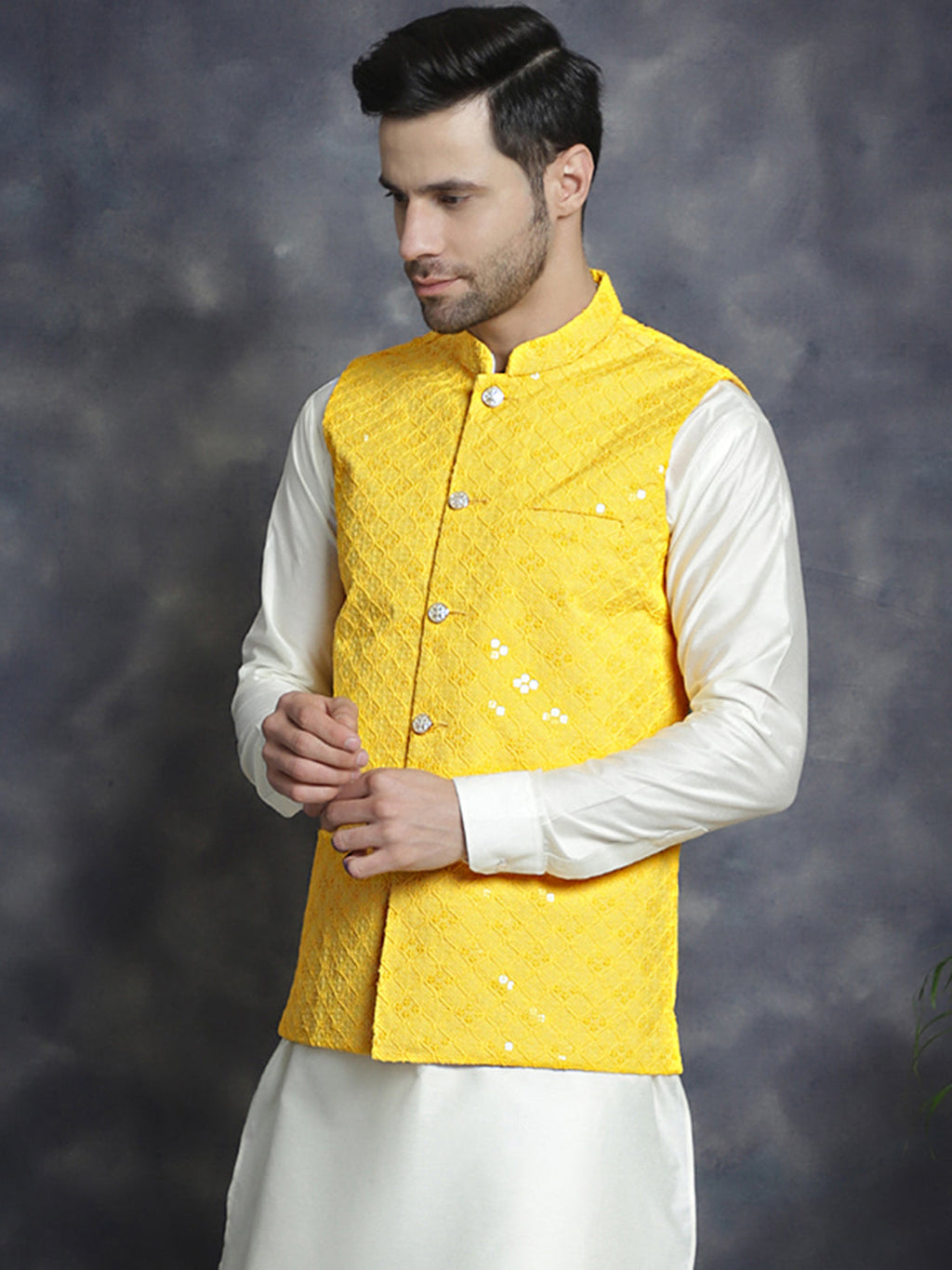 Jompers Men's embroidered and sequins Nehru Jacket - Yellow