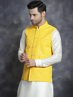 Jompers Men's embroidered and sequins Nehru Jacket - Yellow