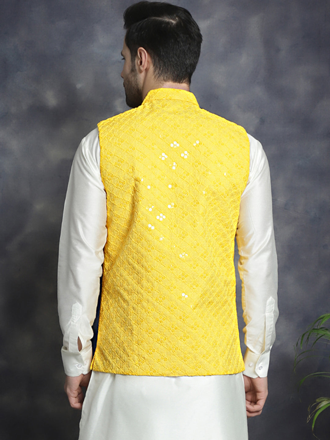 Jompers Men's embroidered and sequins Nehru Jacket - Yellow