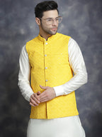 Jompers Men's embroidered and sequins Nehru Jacket - Yellow