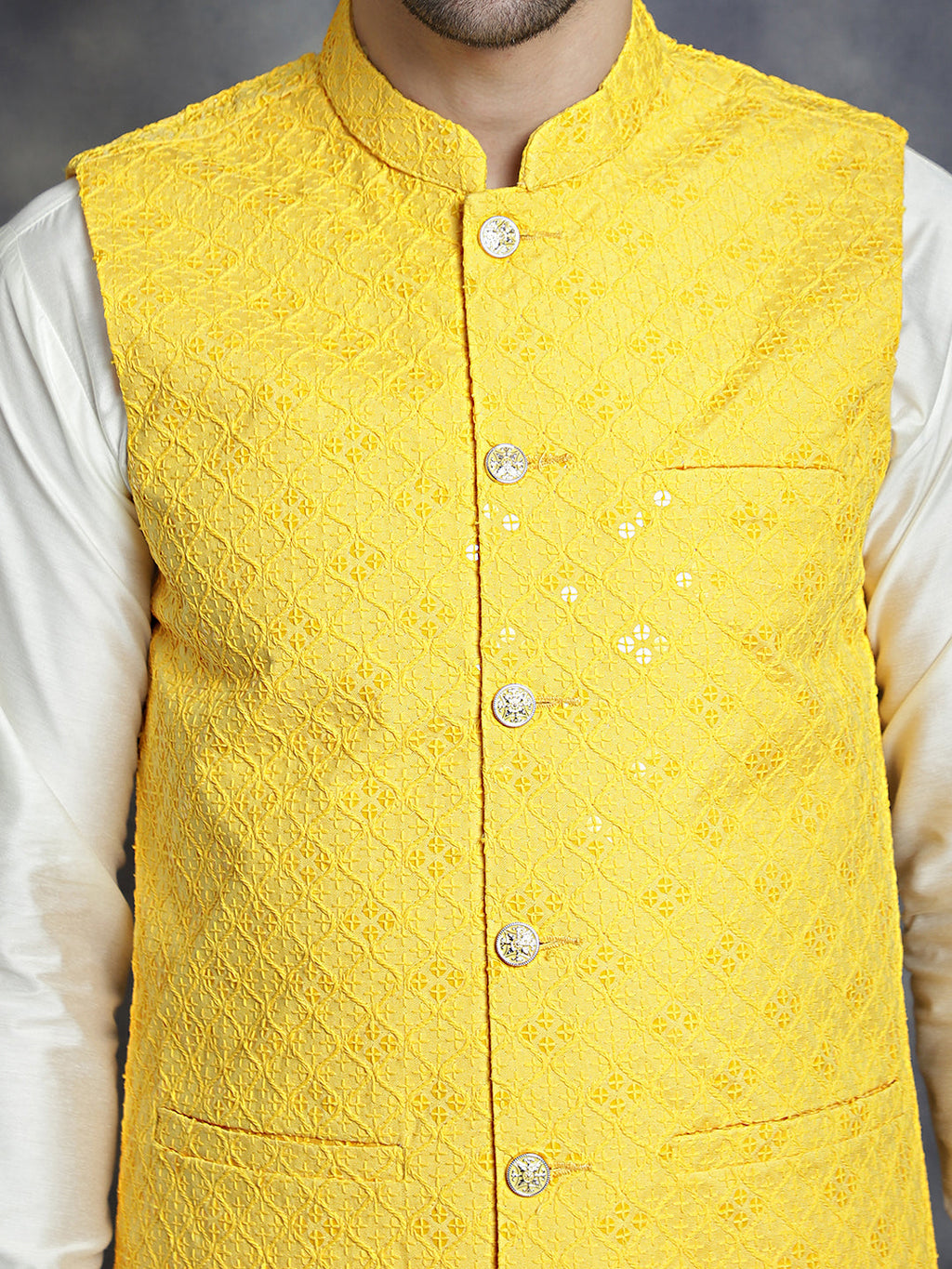 Jompers Men's embroidered and sequins Nehru Jacket - Yellow