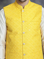 Jompers Men's embroidered and sequins Nehru Jacket - Yellow