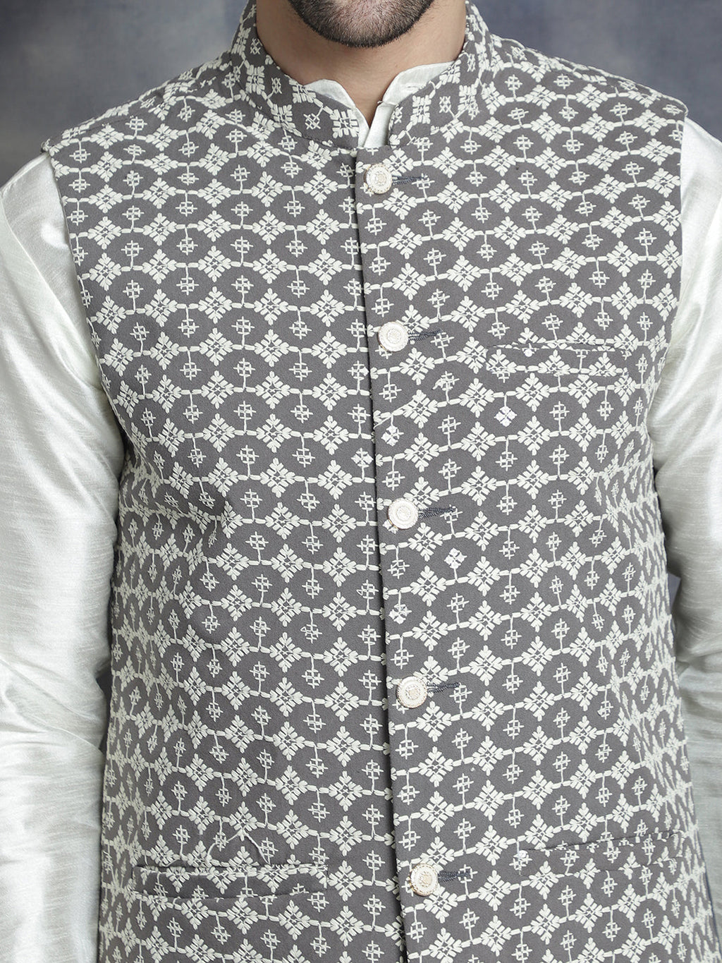 Jompers Men's embroidered and sequins Nehru Jacket - Grey