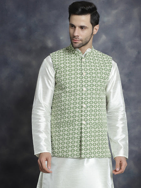 Jompers Men's embroidered and sequins Nehru Jacket - Mehndi