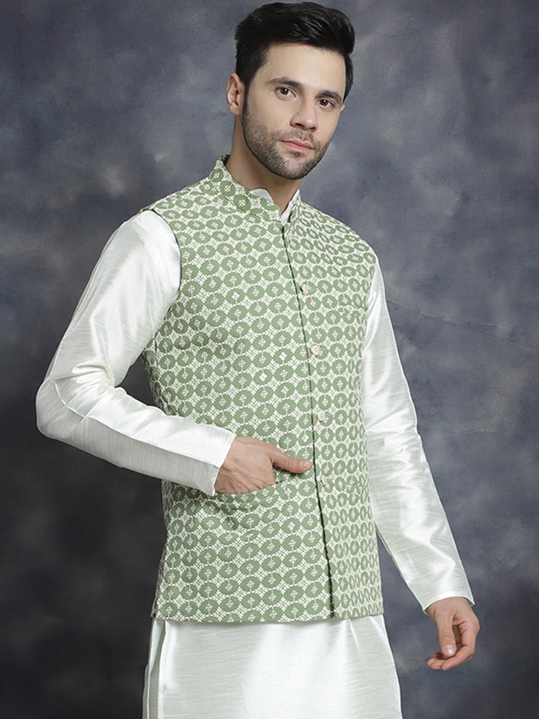 Jompers Men's embroidered and sequins Nehru Jacket - Mehndi