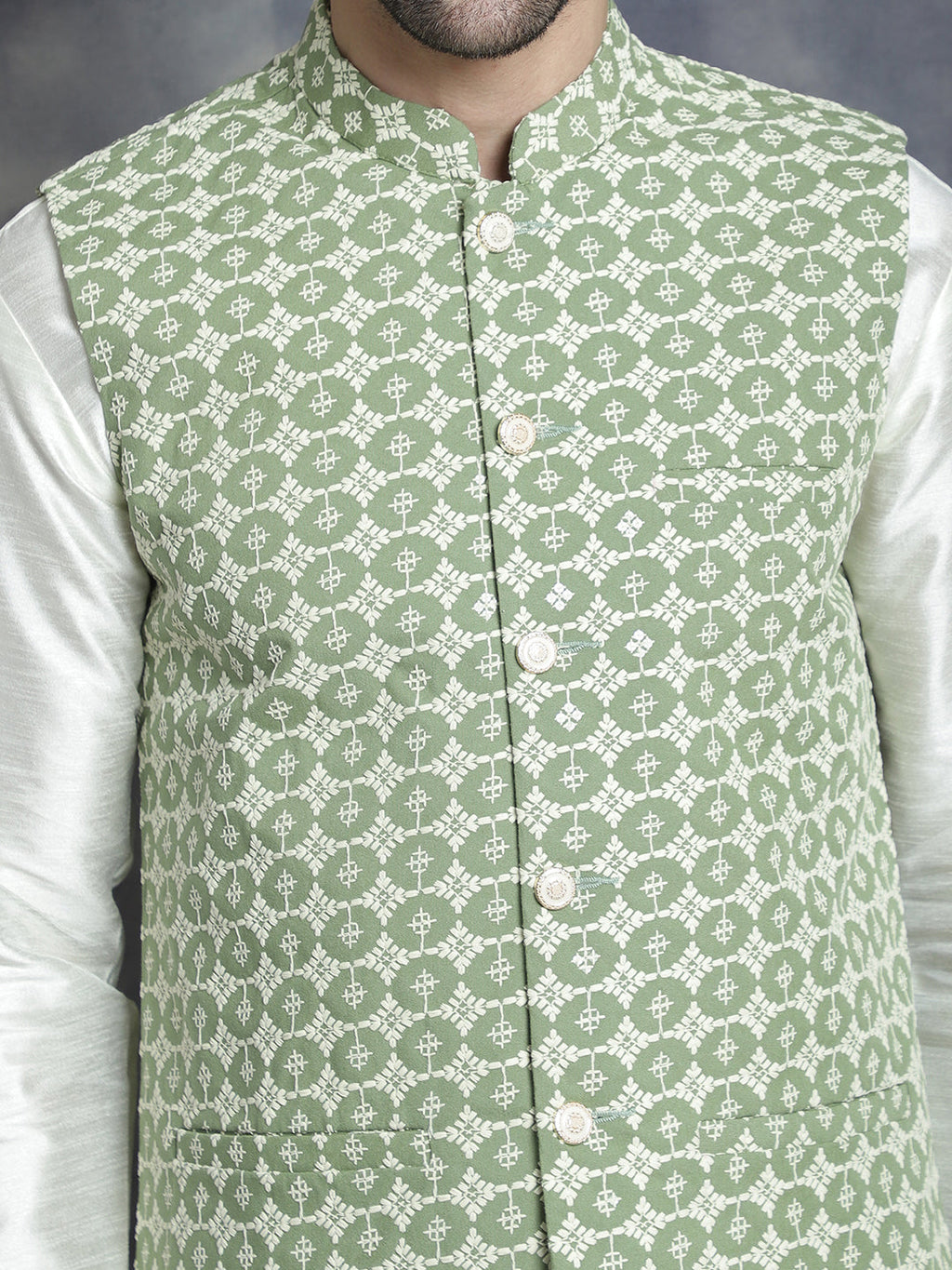 Jompers Men's embroidered and sequins Nehru Jacket - Mehndi