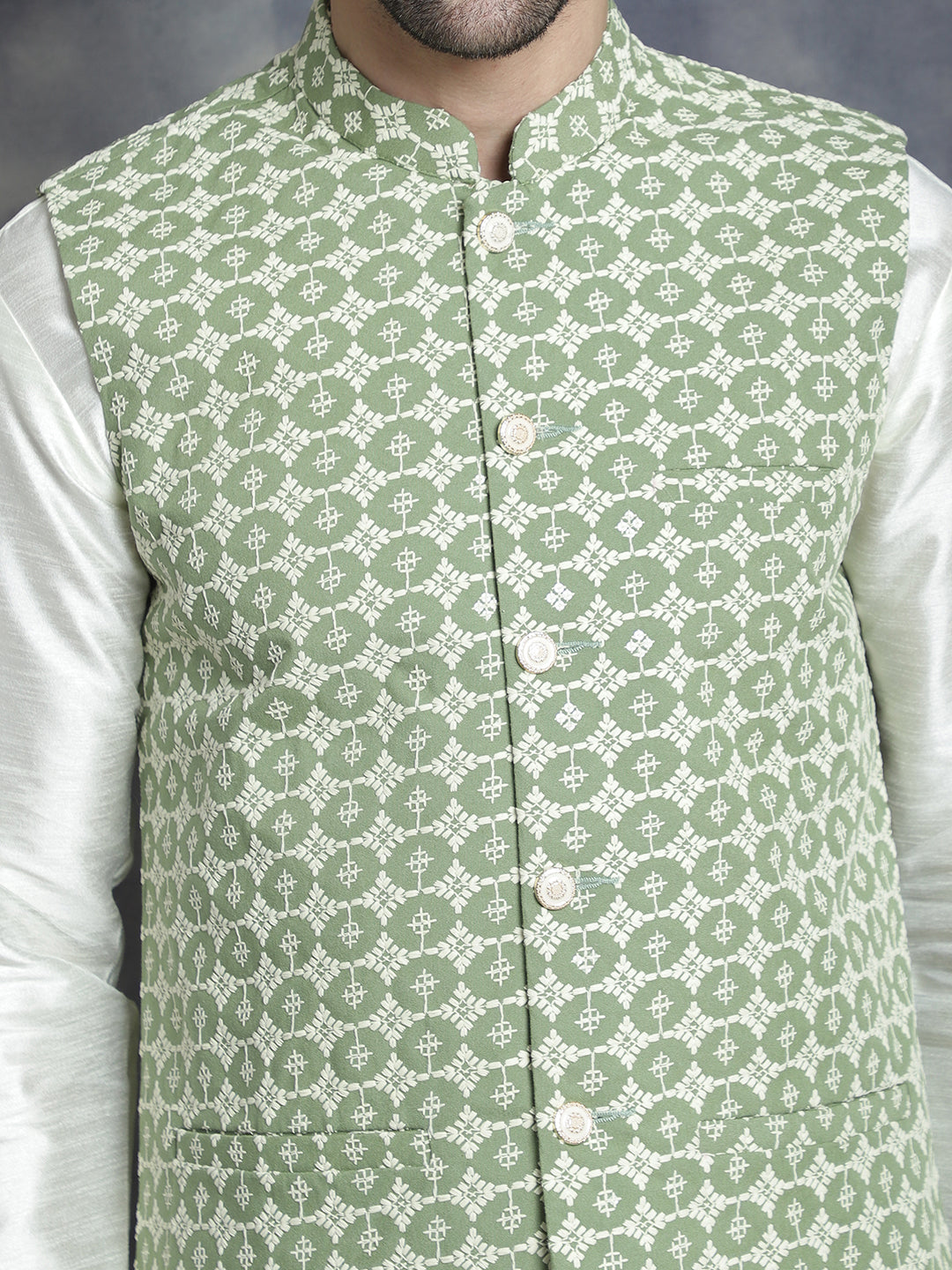 Jompers Men's embroidered and sequins Nehru Jacket - Mehndi