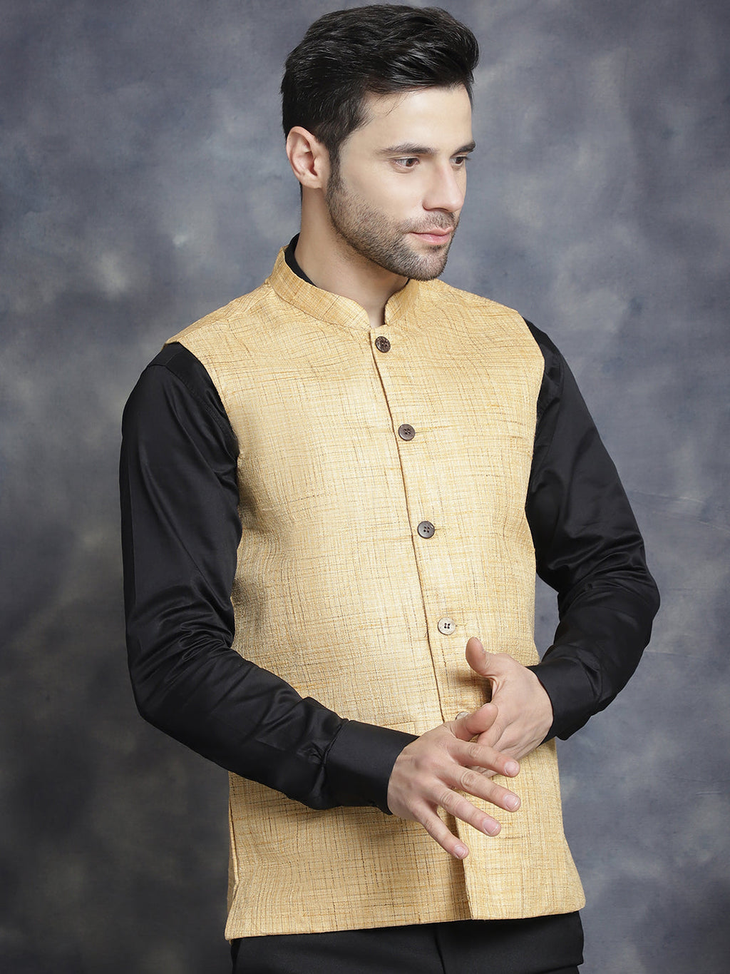 Jompers Men's Woven Design Nehru Jacket - Beige
