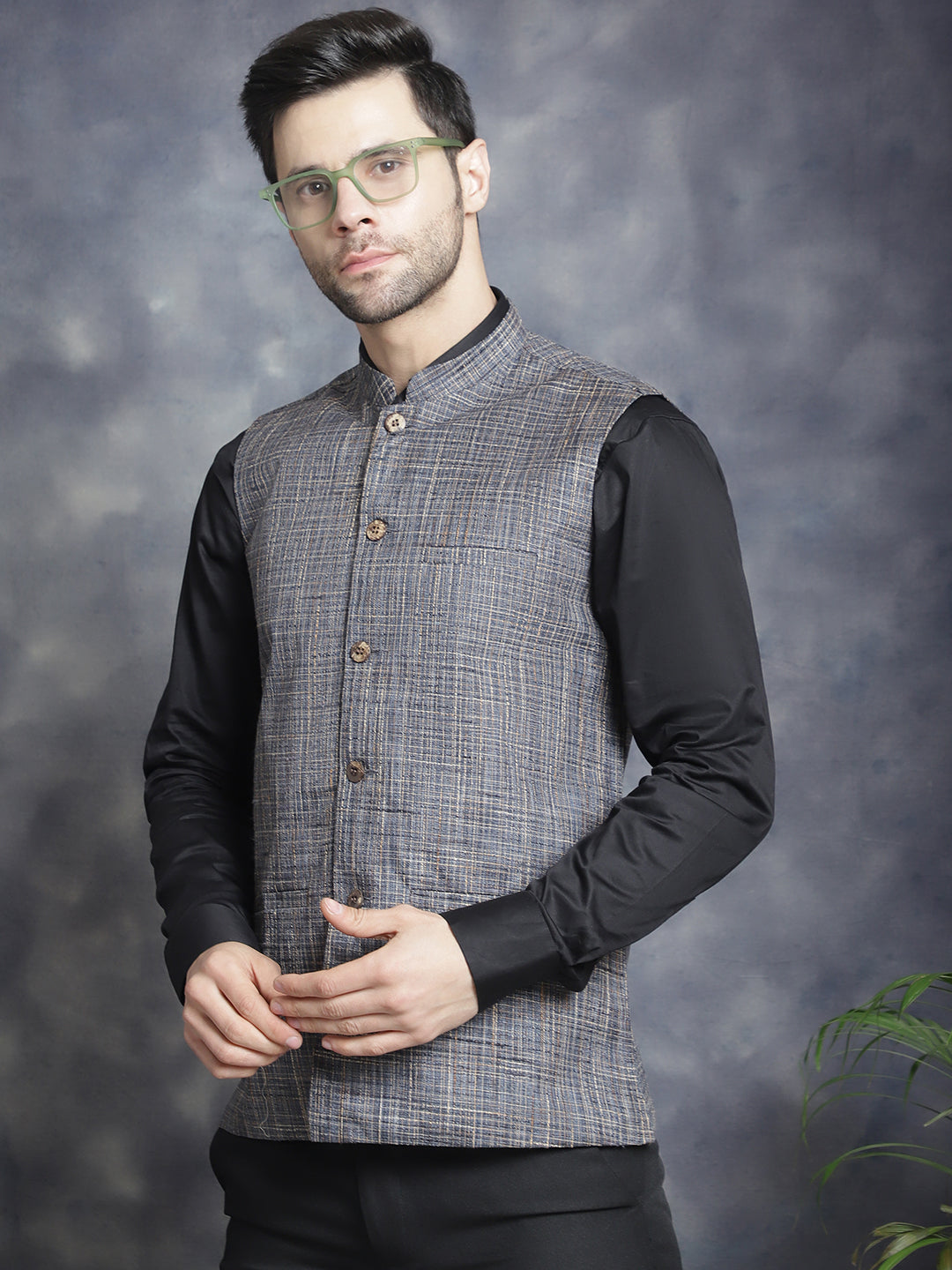 Jompers Men's Woven Design Nehru Jacket - Charcoal