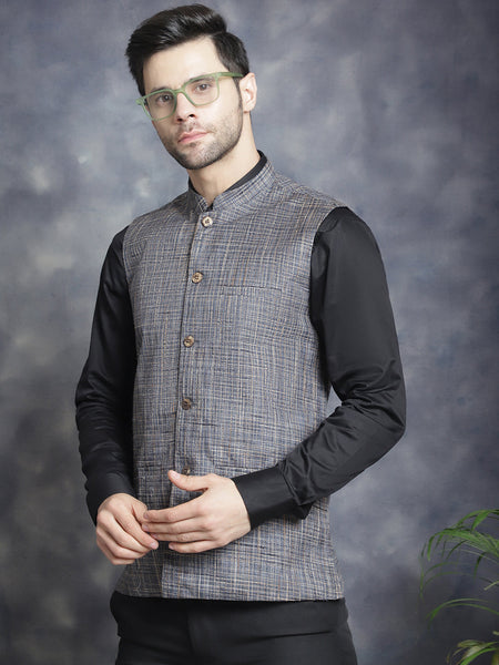Jompers Men's Woven Design Nehru Jacket - Charcoal