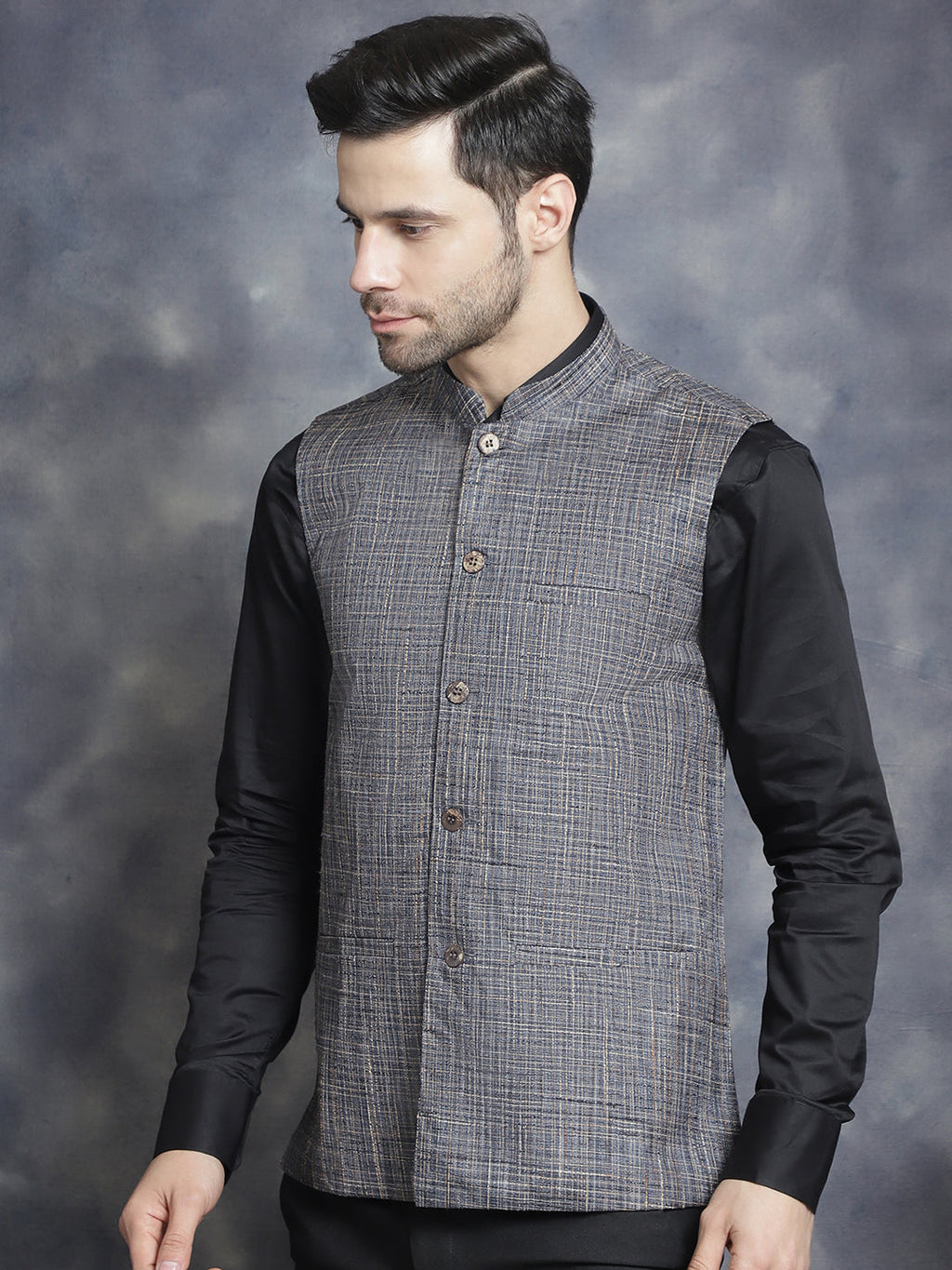 Jompers Men's Woven Design Nehru Jacket - Charcoal