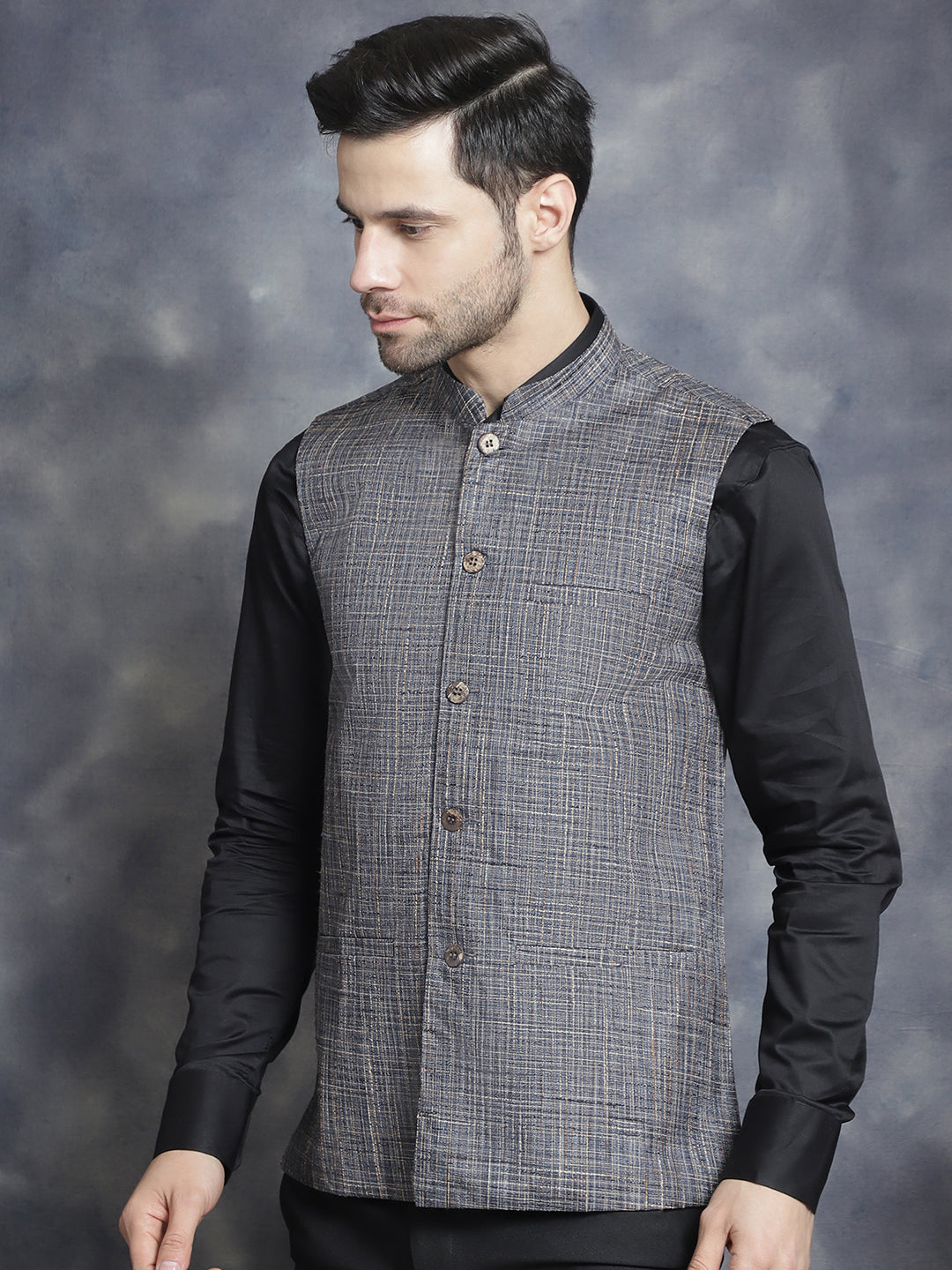 Jompers Men's Woven Design Nehru Jacket - Charcoal