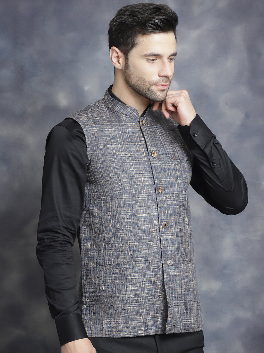 Jompers Men's Woven Design Nehru Jacket - Charcoal