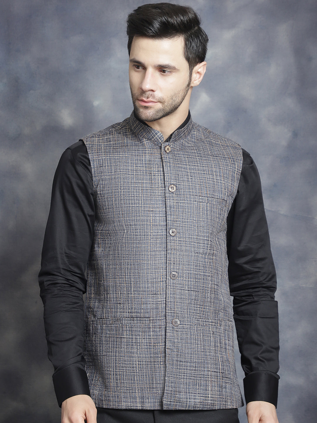 Jompers Men's Woven Design Nehru Jacket - Charcoal