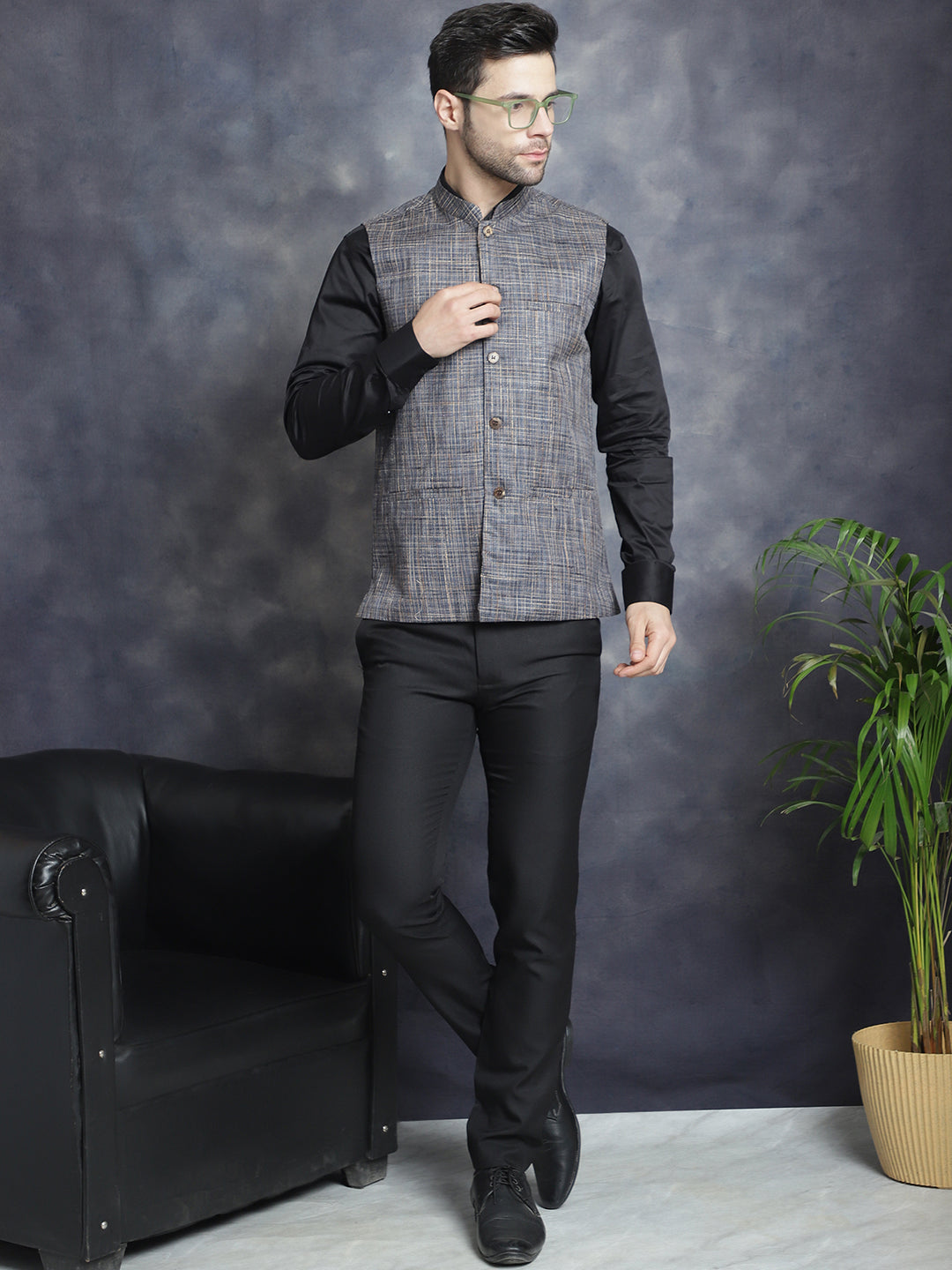 Jompers Men's Woven Design Nehru Jacket - Charcoal