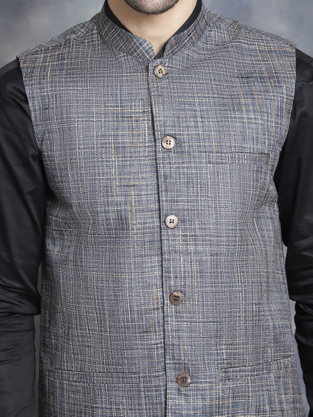 Jompers Men's Woven Design Nehru Jacket - Charcoal