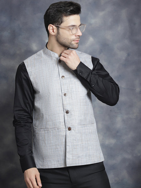 Jompers Men's Woven Design Nehru Jacket - Grey