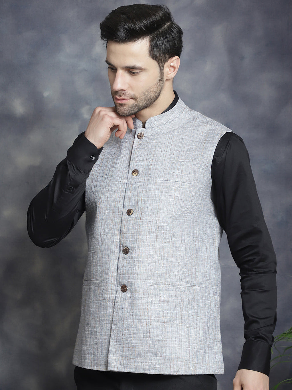Jompers Men's Woven Design Nehru Jacket - Grey