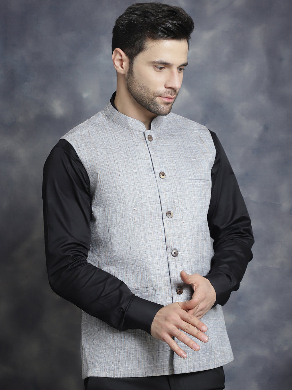 Jompers Men's Woven Design Nehru Jacket - Grey