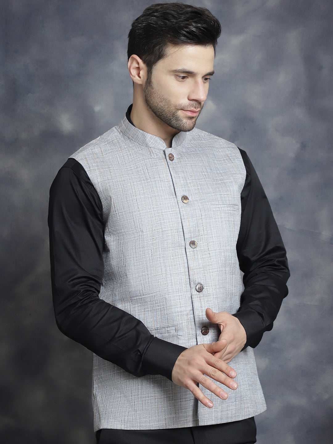 Jompers Men's Woven Design Nehru Jacket - Grey