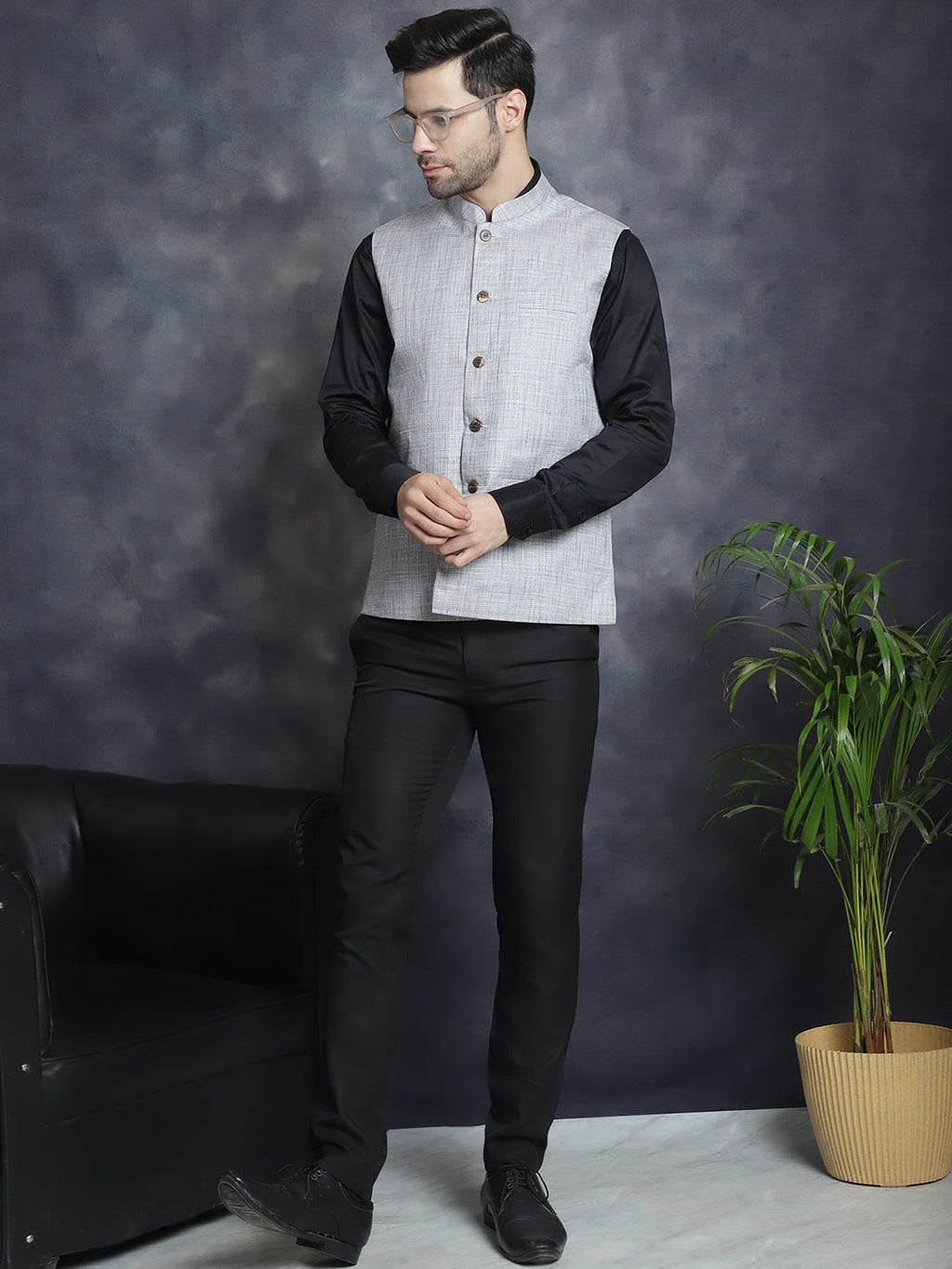 Jompers Men's Woven Design Nehru Jacket - Grey