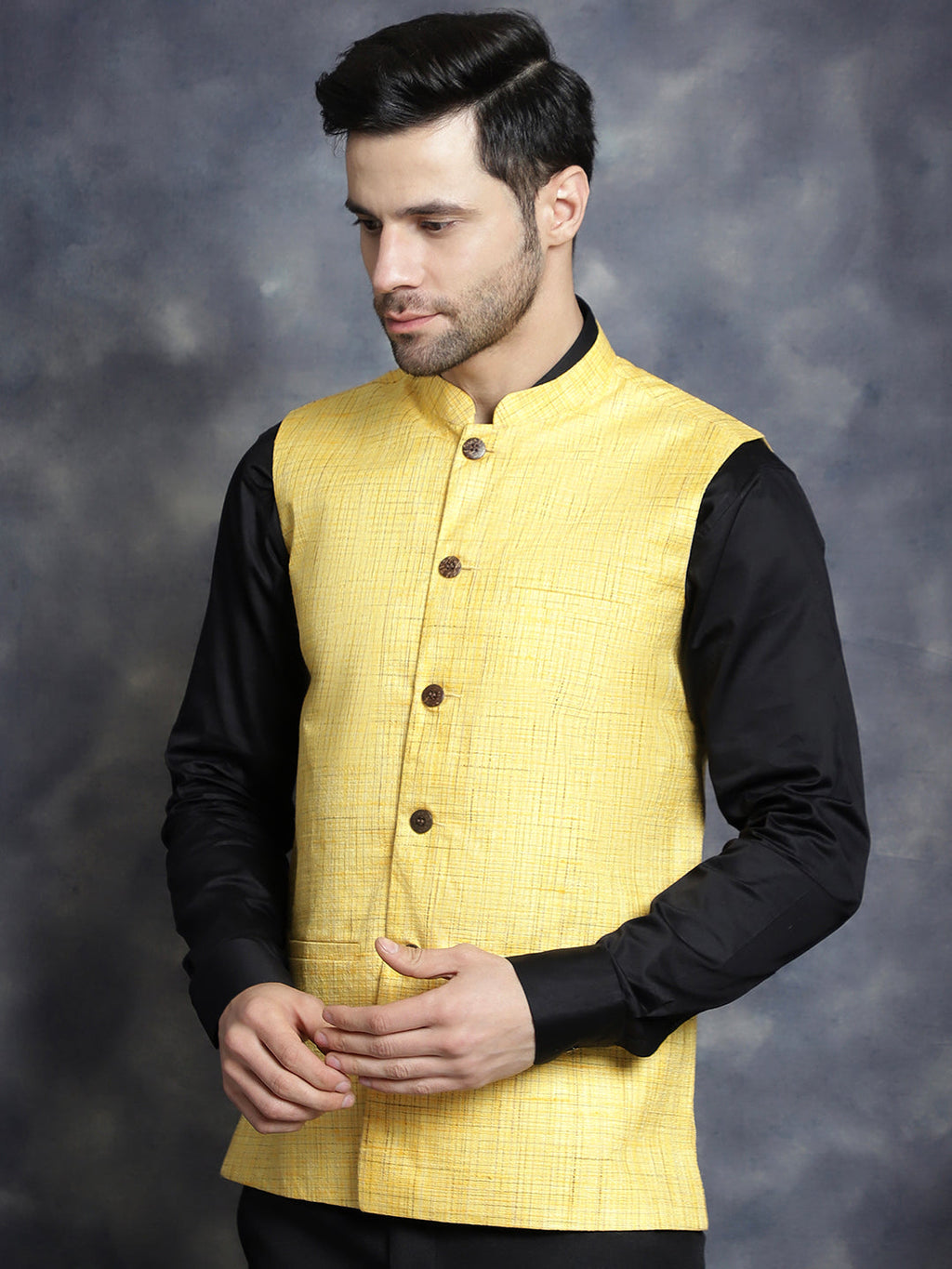 Jompers Men's Woven Design Nehru Jacket - Yellow