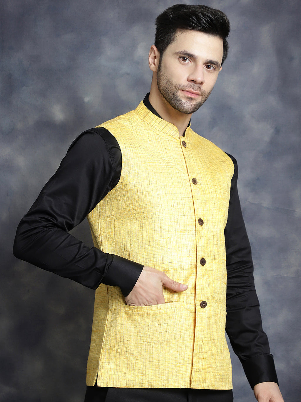 Jompers Men's Woven Design Nehru Jacket - Yellow